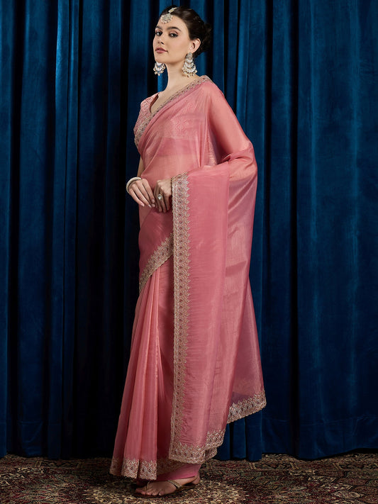 Light Pink Paper Silk Embroidered Border Saree - Ressa