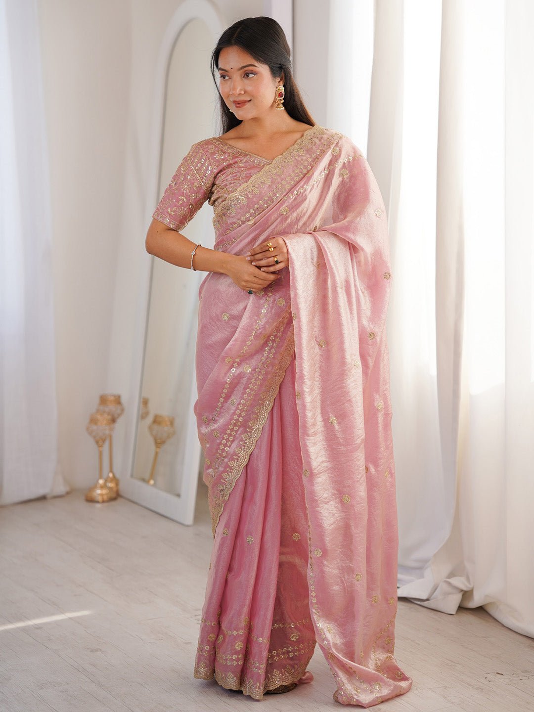 Light Pink Satin Emblished Party Wear Saree - Ressa