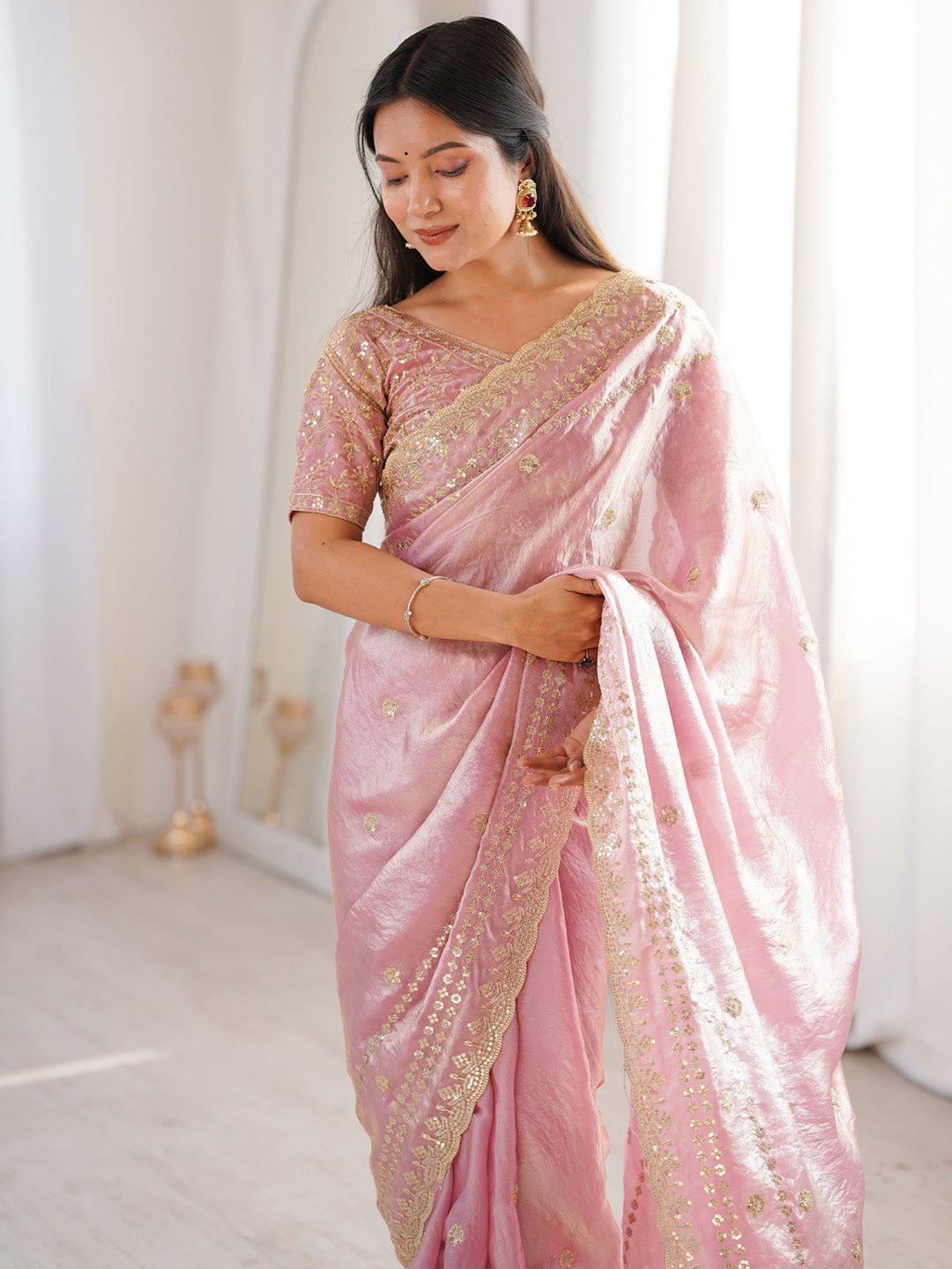 Light Pink Satin Emblished Party Wear Saree - Ressa