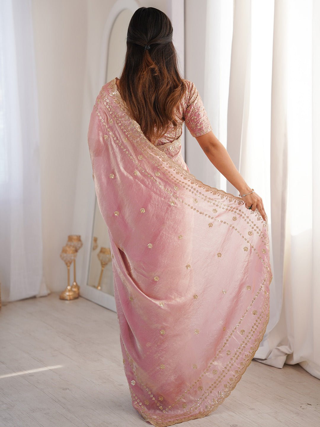 Light Pink Satin Emblished Party Wear Saree - Ressa