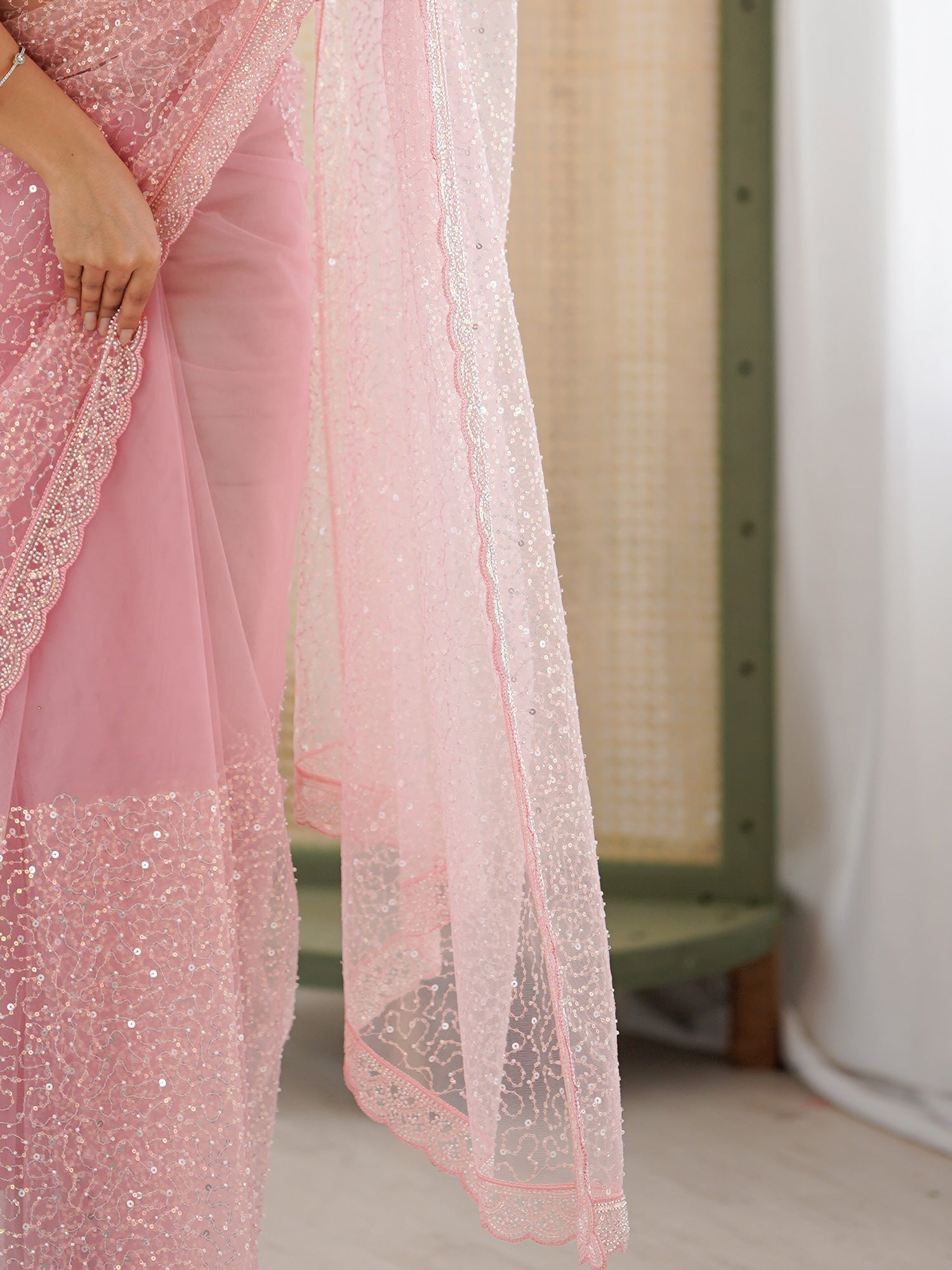 Light Pink Sequin Work Net Scalloped Border Saree - Ressa