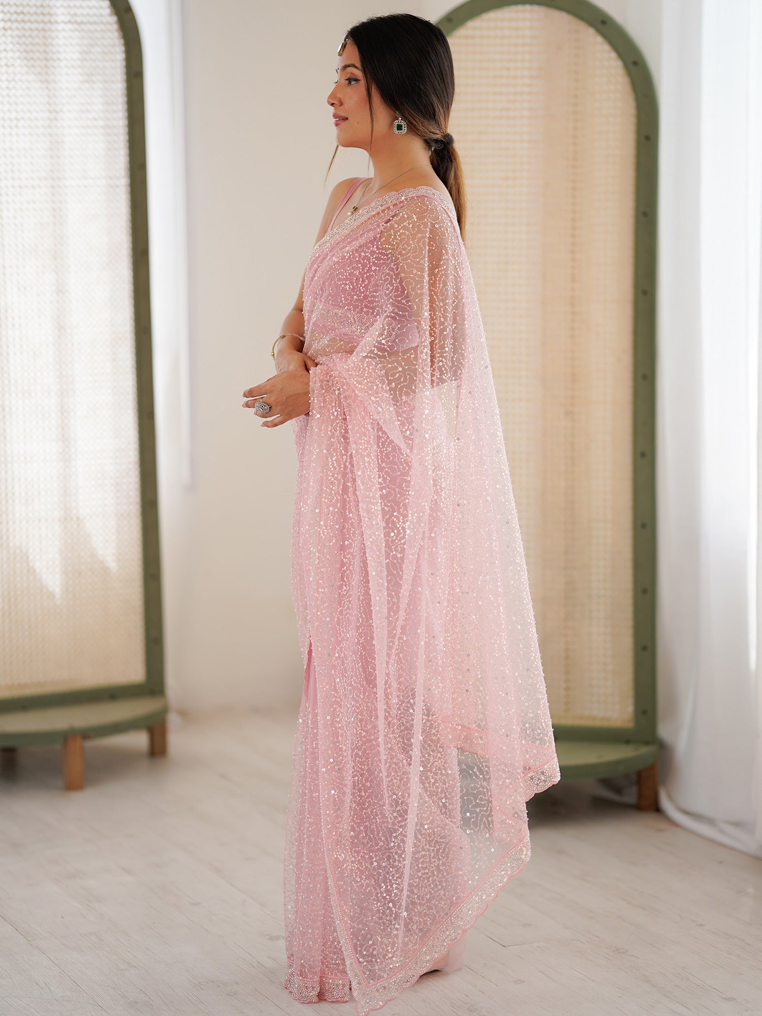 Light Pink Sequin Work Net Scalloped Border Saree - Ressa