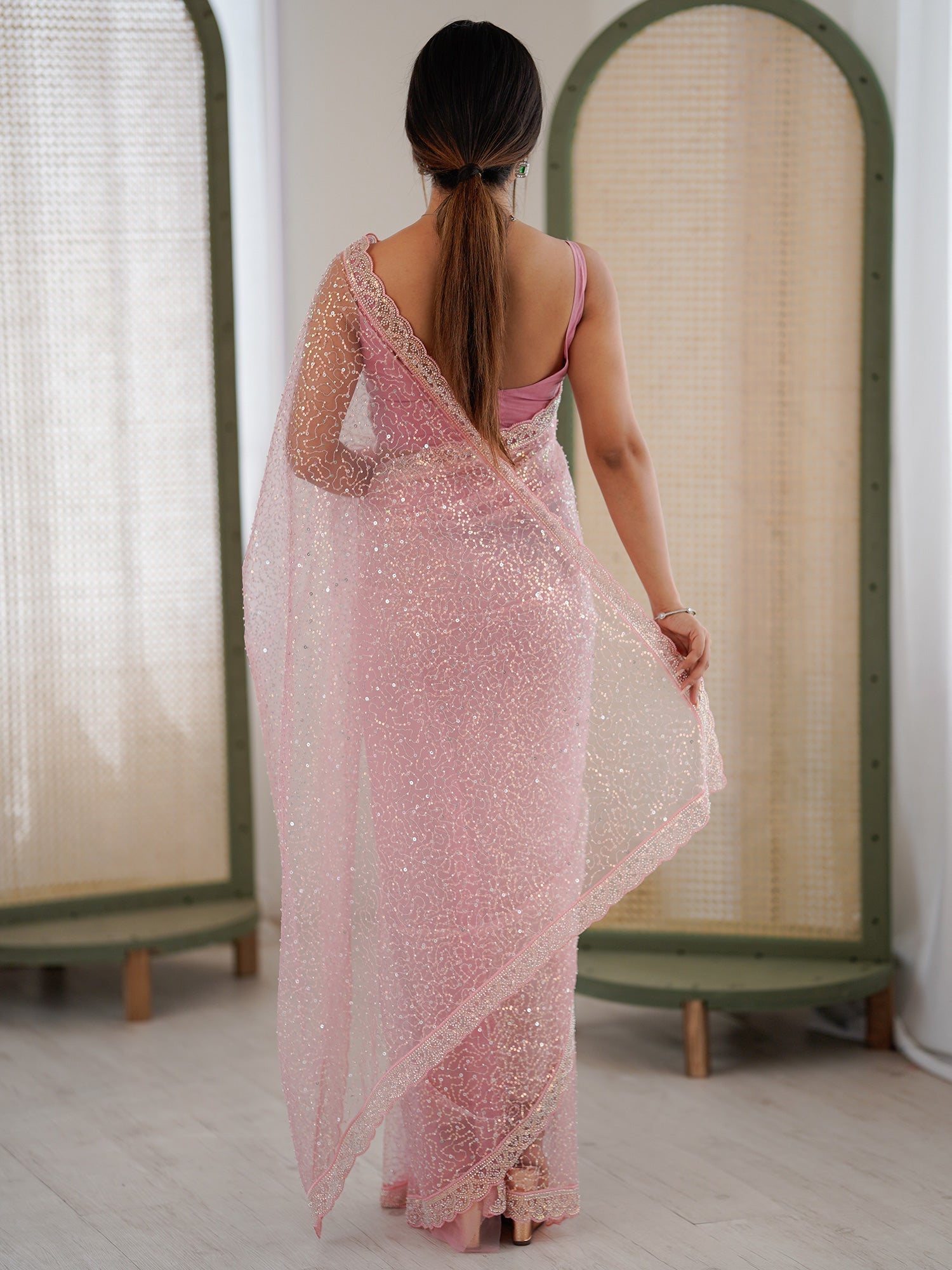 Light Pink Sequin Work Net Scalloped Border Saree - Ressa