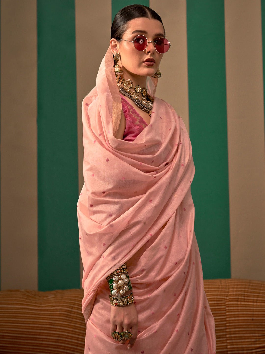 Light Pink Silk Blend Ikat Saree - Ressa
