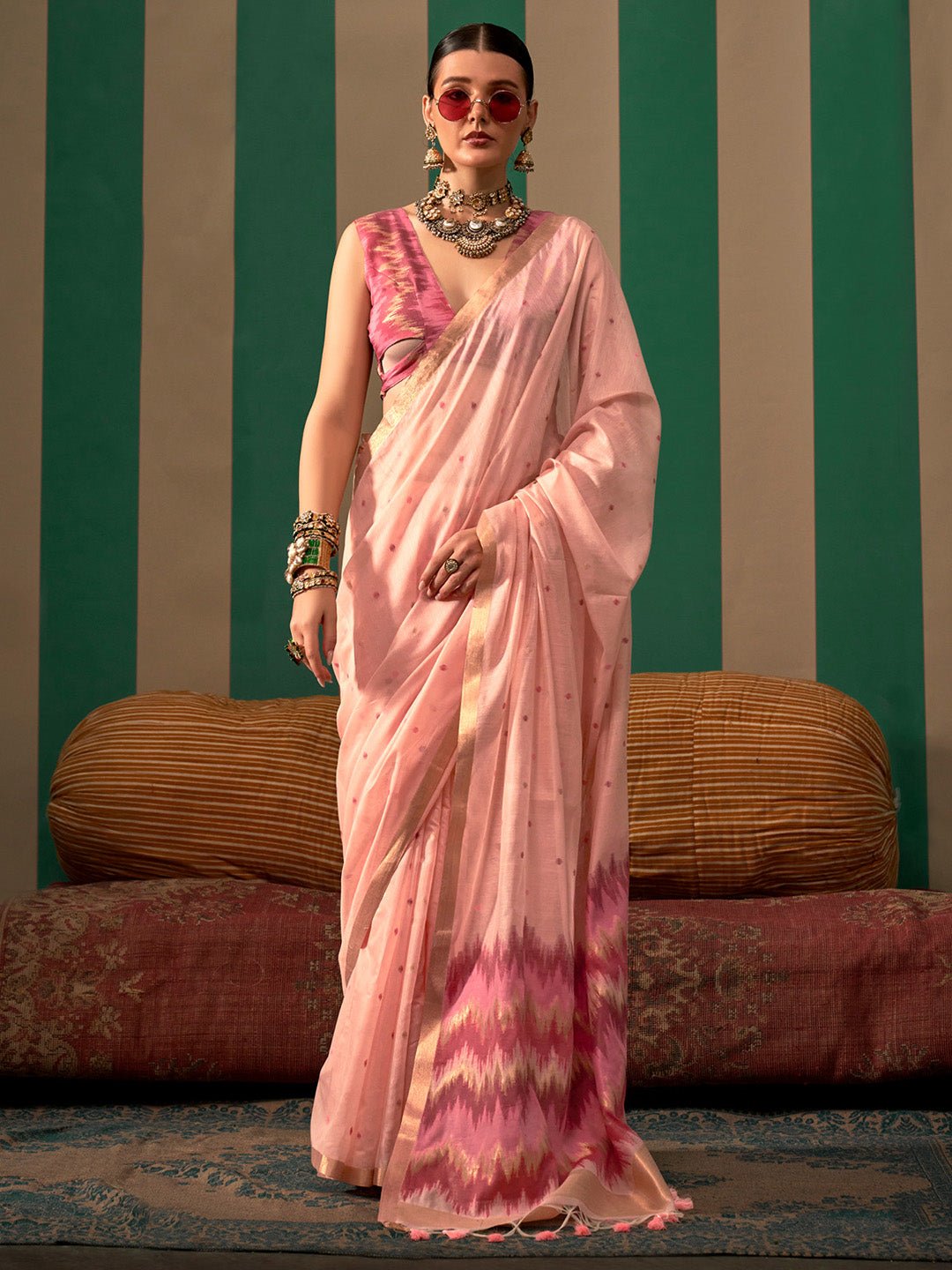 Light Pink Silk Blend Ikat Saree - Ressa