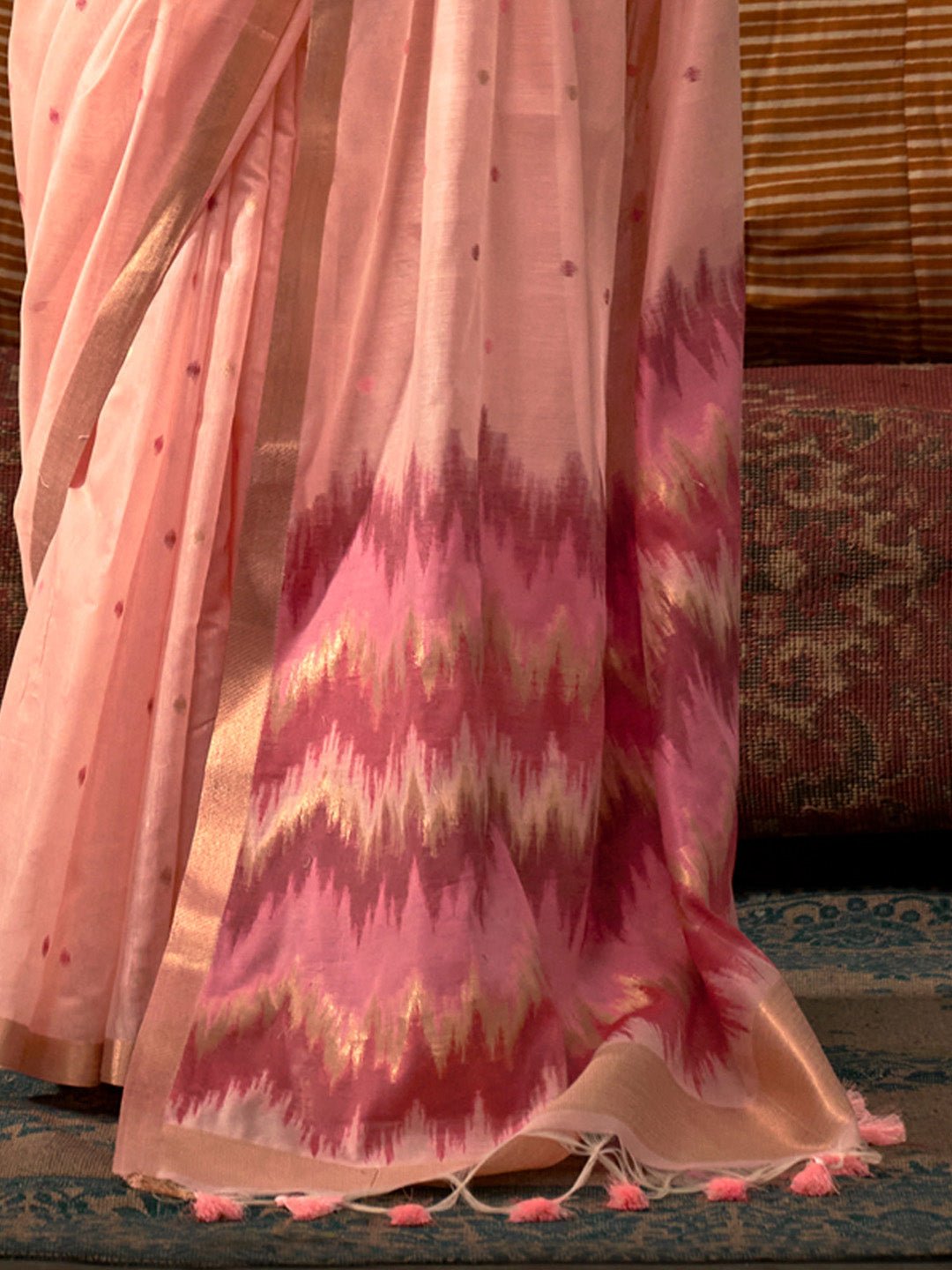 Light Pink Silk Blend Ikat Saree - Ressa