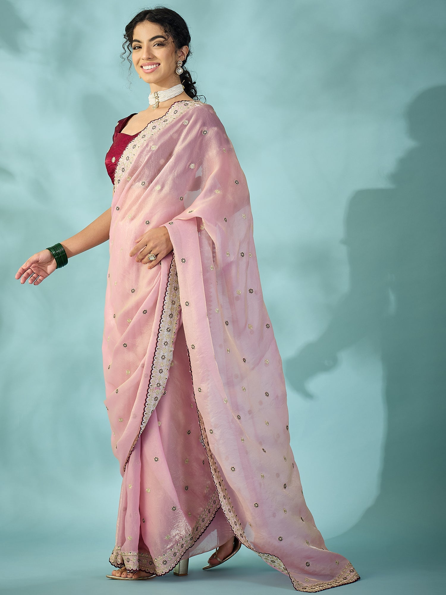Light Pink Tissue Silk Saree with Zari Stripes - Ressa