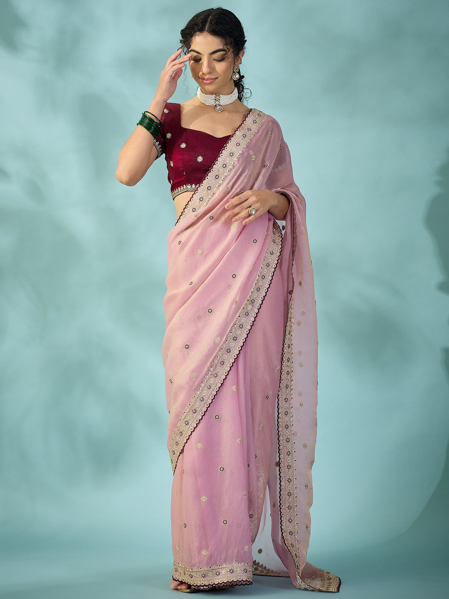 Light Pink Tissue Silk Saree with Zari Stripes - Ressa