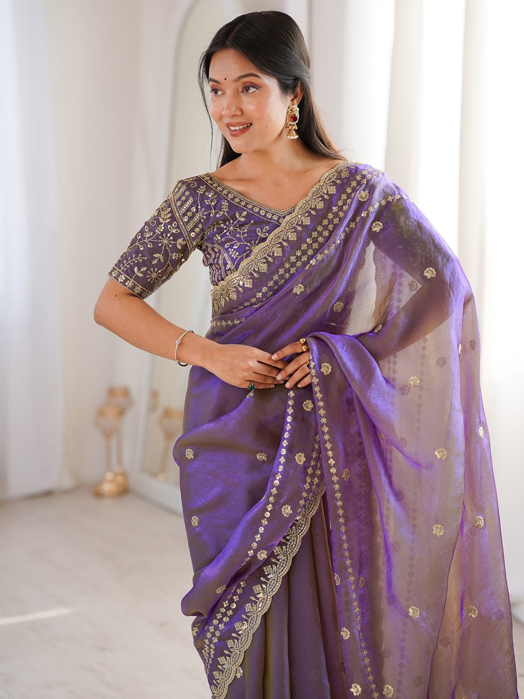 Light Purple Satin Emblished Party Wear Saree - Ressa