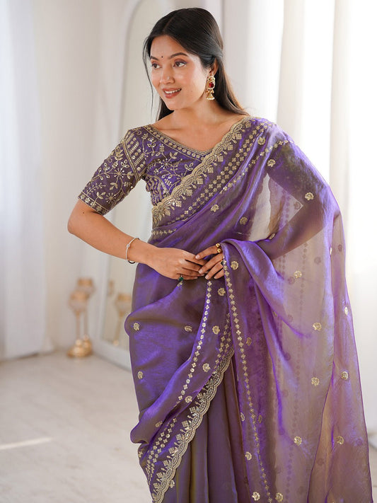 Light Purple Satin Emblished Party Wear Saree - Ressa