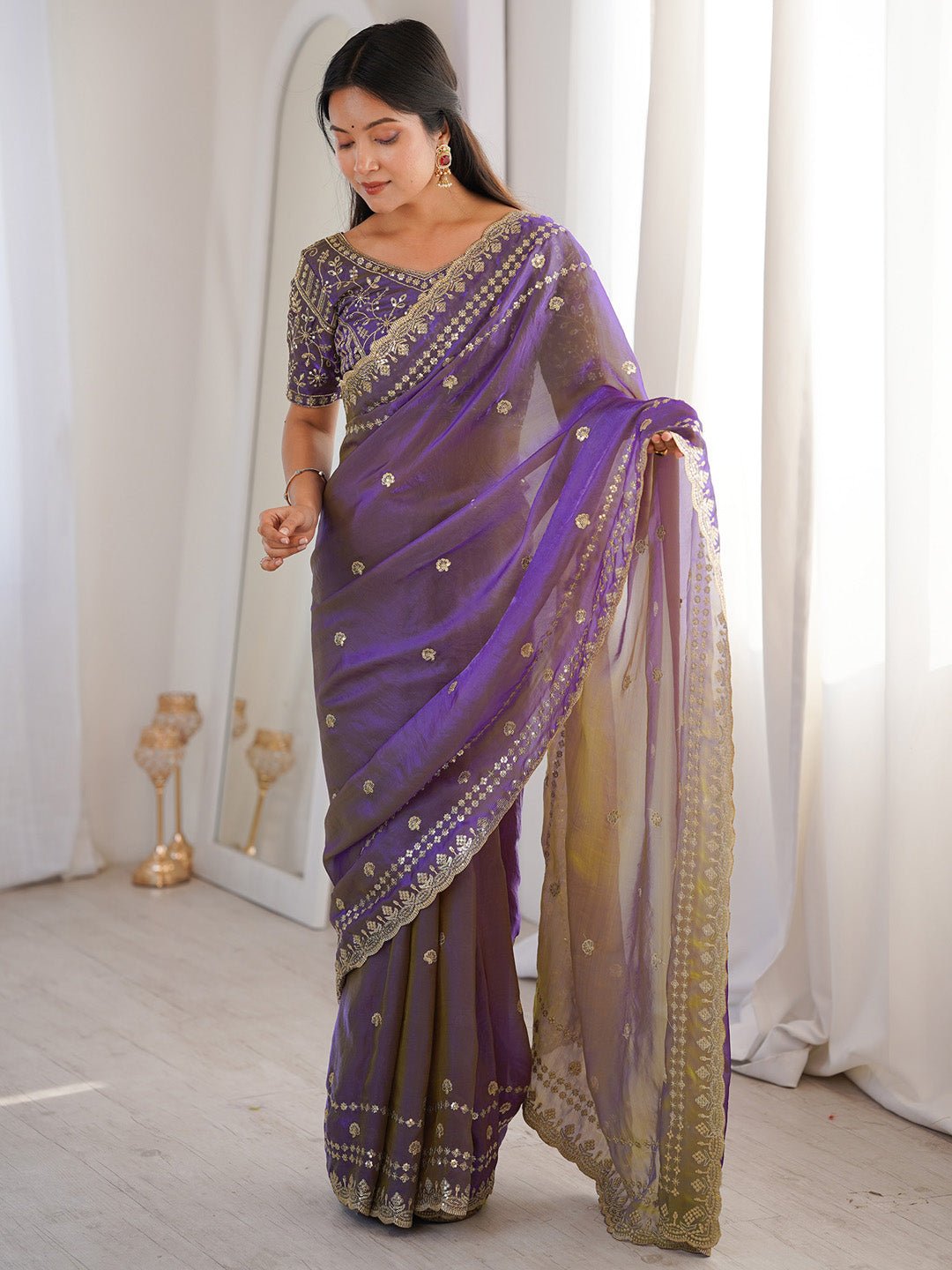 Light Purple Satin Emblished Party Wear Saree - Ressa