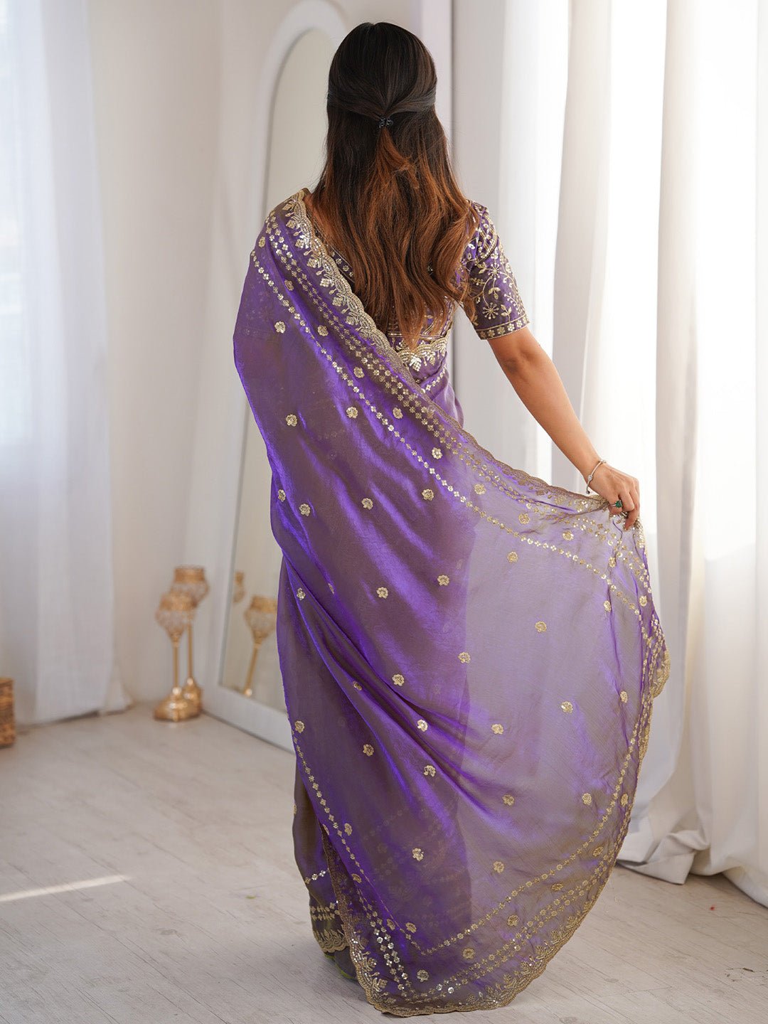 Light Purple Satin Emblished Party Wear Saree - Ressa
