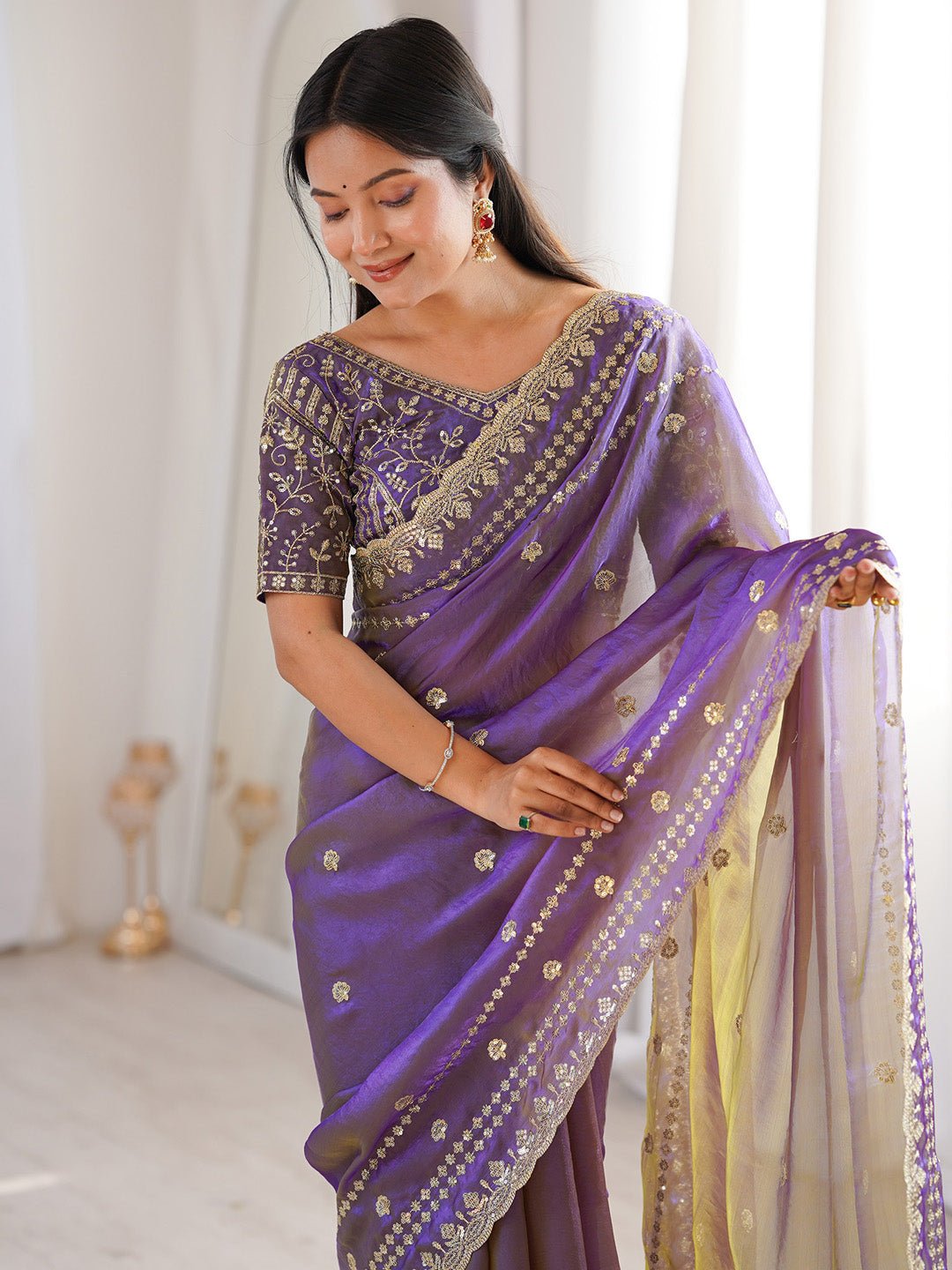 Light Purple Satin Emblished Party Wear Saree - Ressa