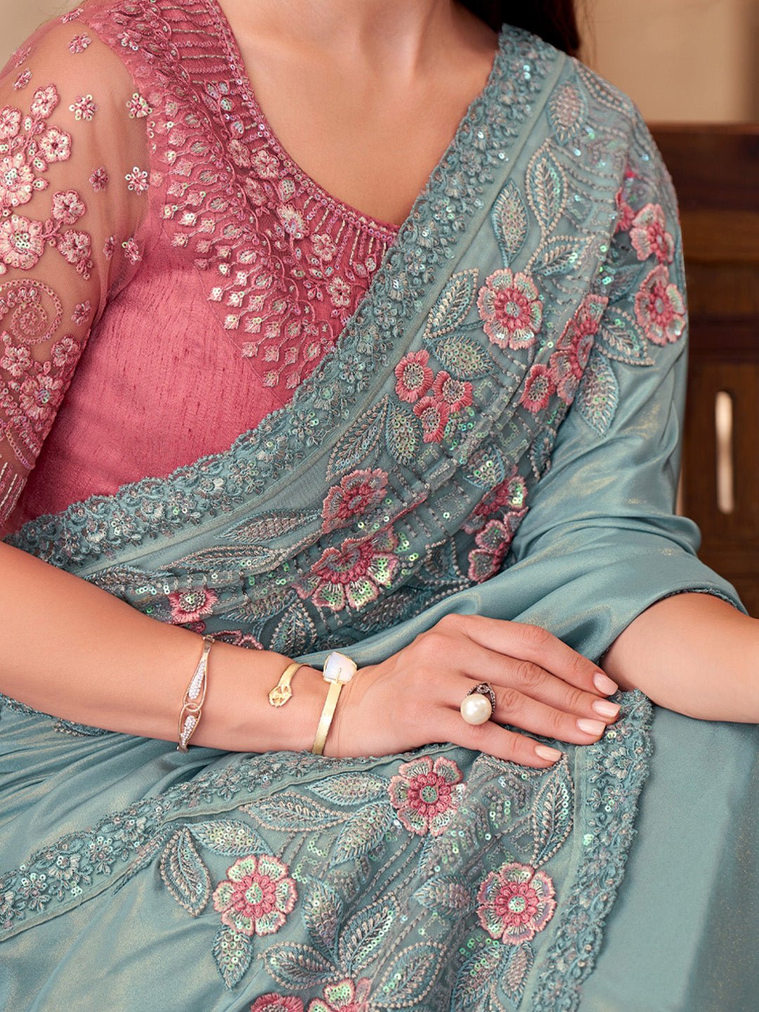 Light Teal Embellished Saree with Contrast Blouse - Ressa