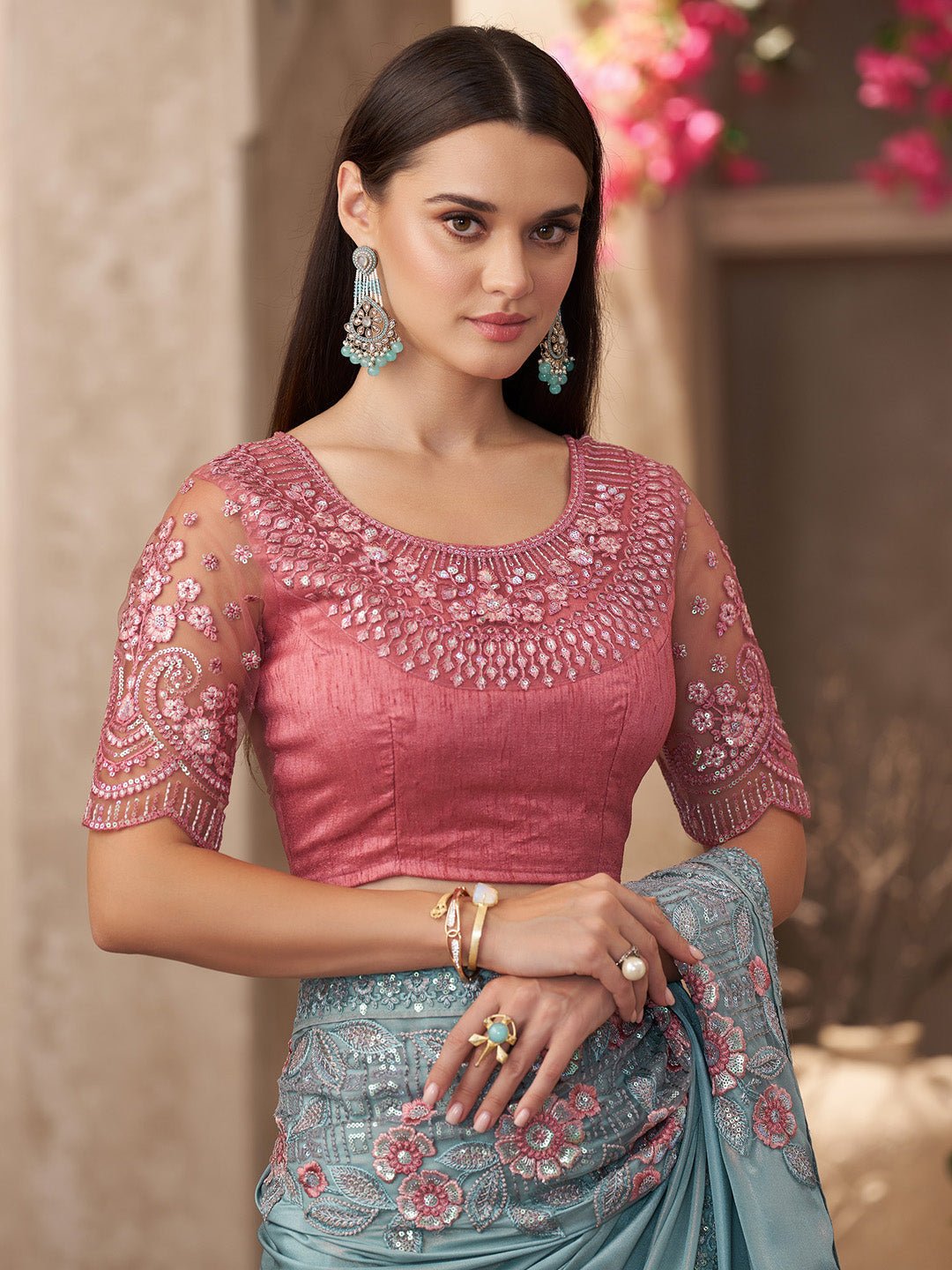 Light Teal Embellished Saree with Contrast Blouse - Ressa