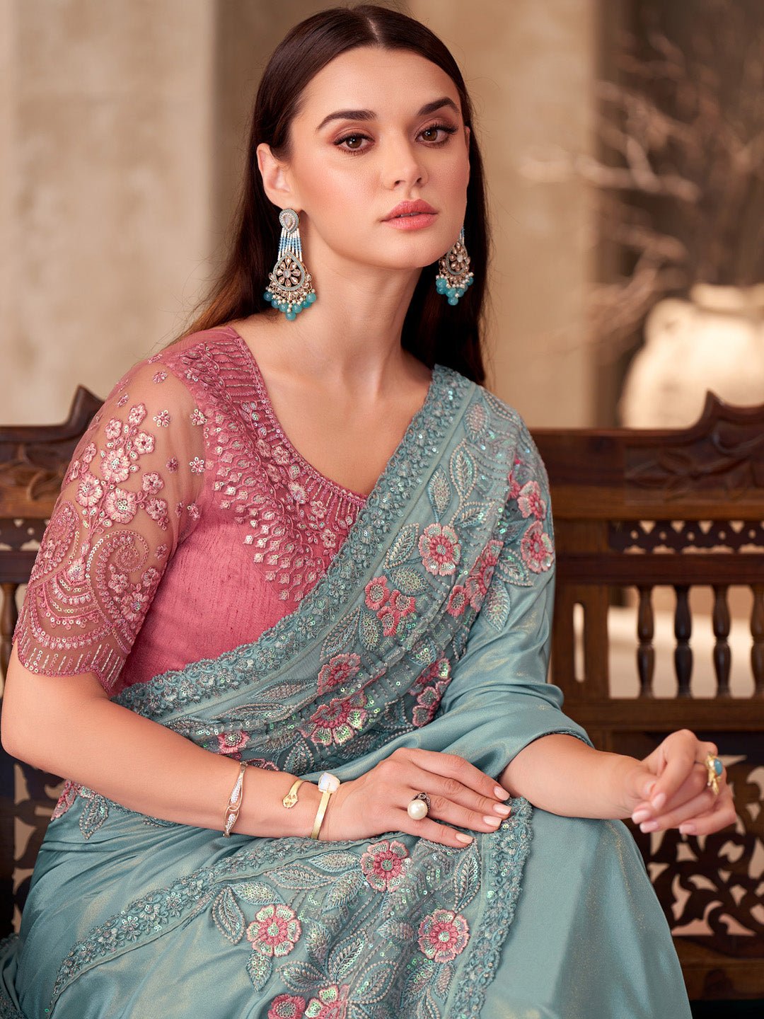 Light Teal Embellished Saree with Contrast Blouse - Ressa