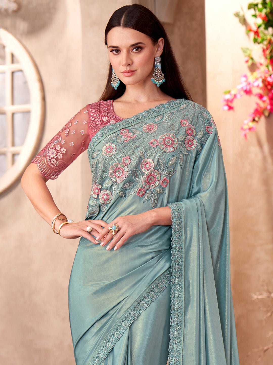 Light Teal Embellished Saree with Contrast Blouse - Ressa