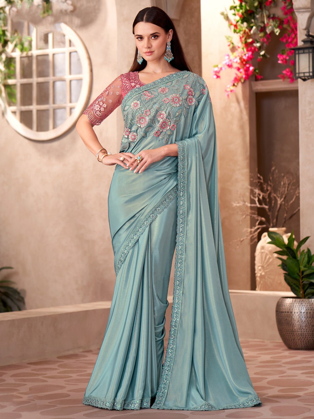 Light Teal Embellished Saree with Contrast Blouse - Ressa