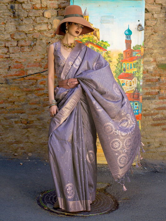 Lilac Grey Banarasi Silk Blend Saree - Ressa