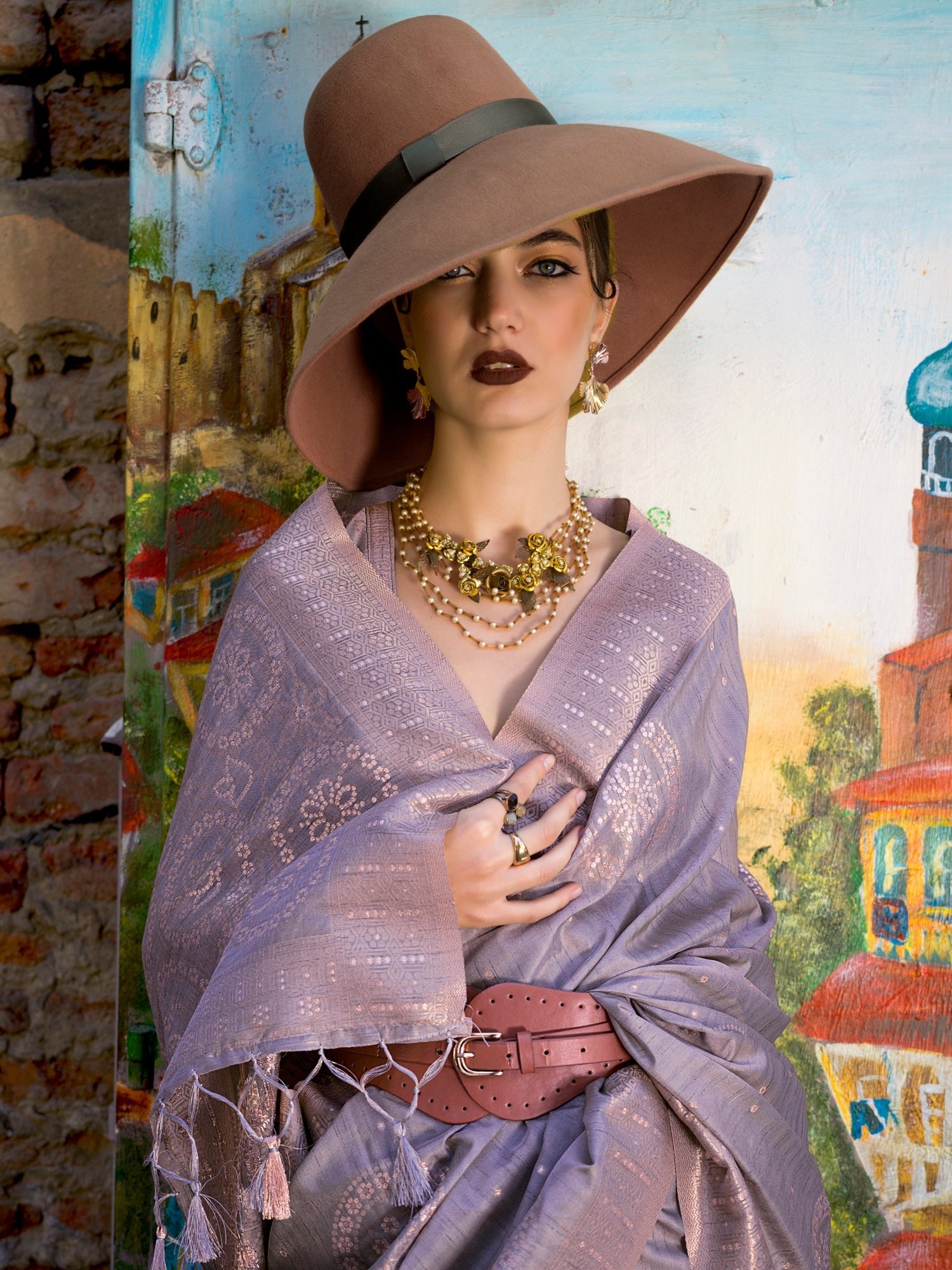Lilac Grey Banarasi Silk Blend Saree - Ressa