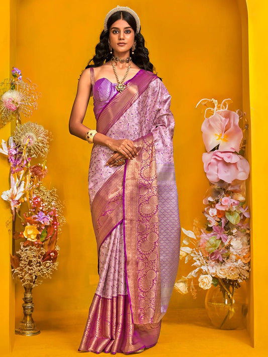 Lilac Kanjivaram Silk Zari Work Woven Saree - Ressa