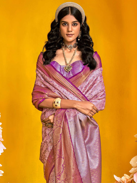 Lilac Kanjivaram Silk Zari Work Woven Saree - Ressa
