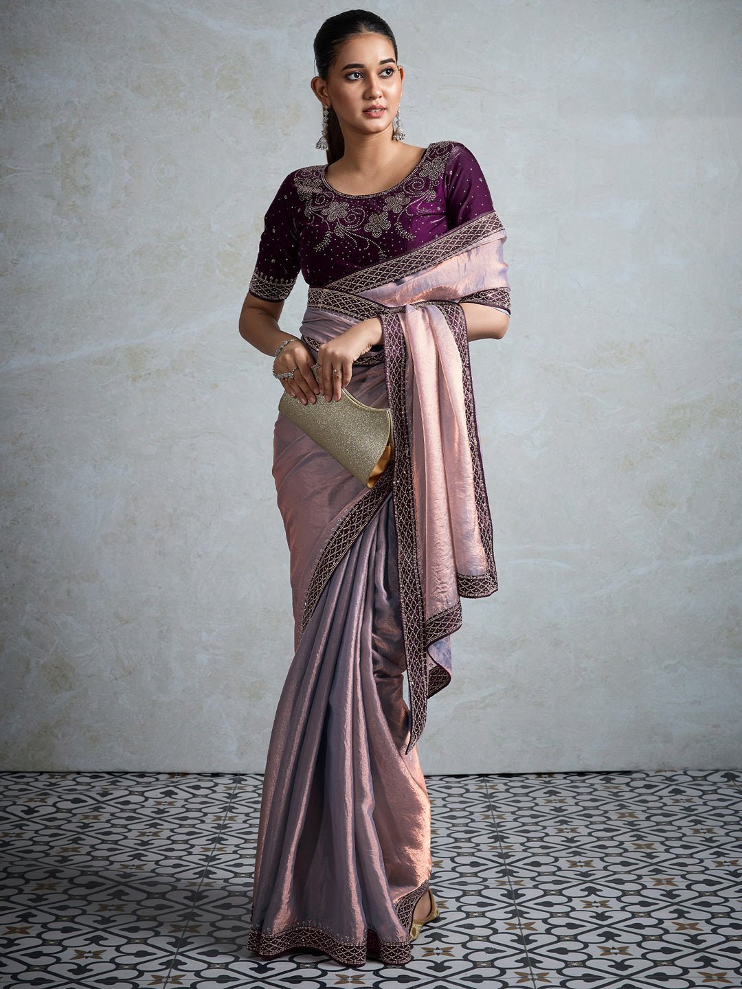 Lilac & Lavender Shimmer Satin Organza Embroidered Border Wine Contrast Blouse Saree - Ressa