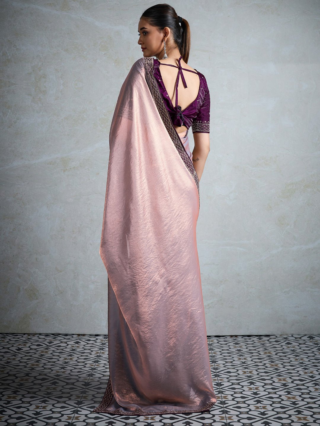 Lilac & Lavender Shimmer Satin Organza Embroidered Border Wine Contrast Blouse Saree - Ressa