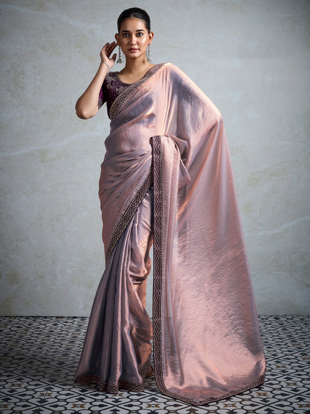 Lilac & Lavender Shimmer Satin Organza Embroidered Border Wine Contrast Blouse Saree - Ressa