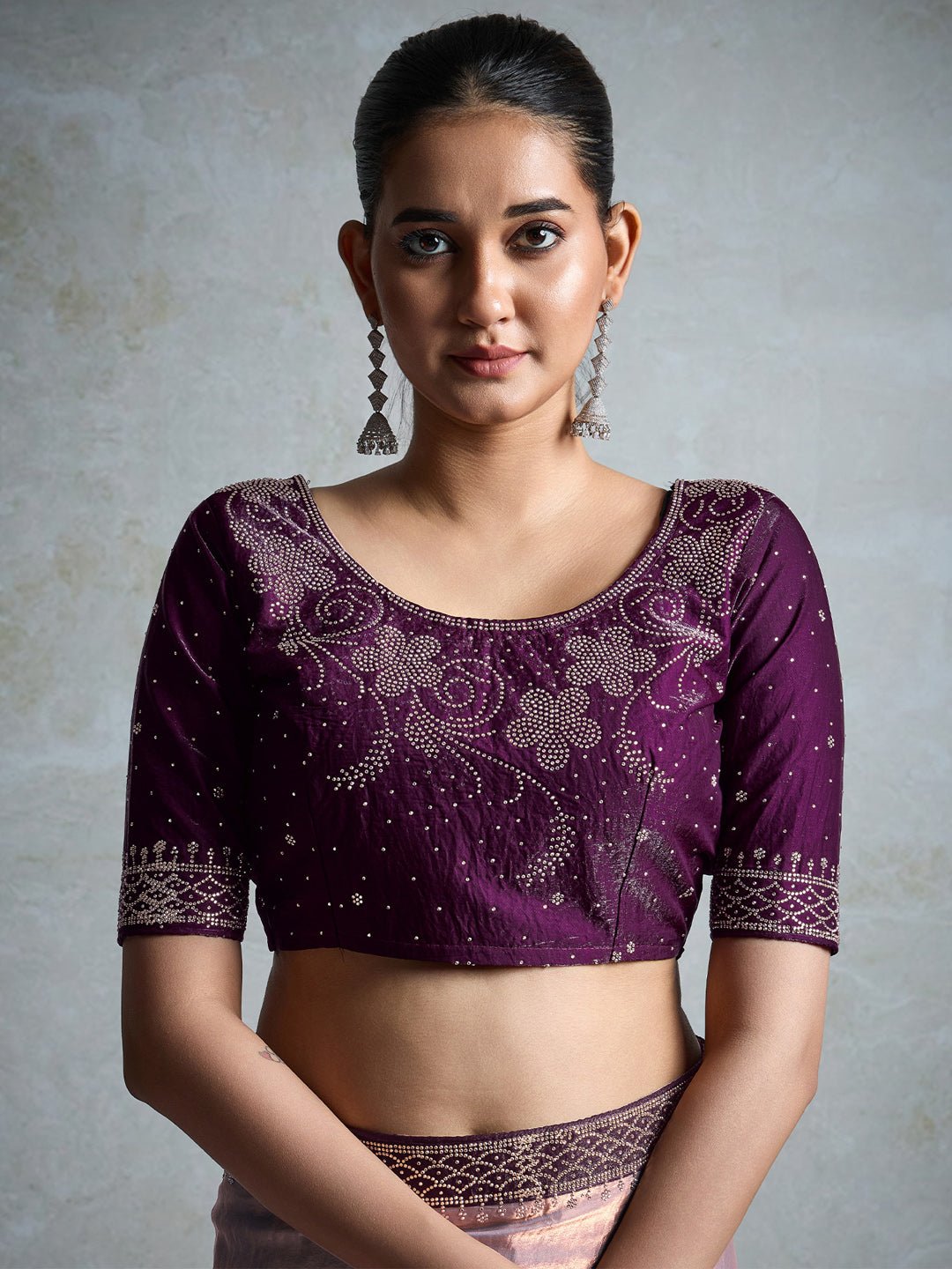 Lilac & Lavender Shimmer Satin Organza Embroidered Border Wine Contrast Blouse Saree - Ressa