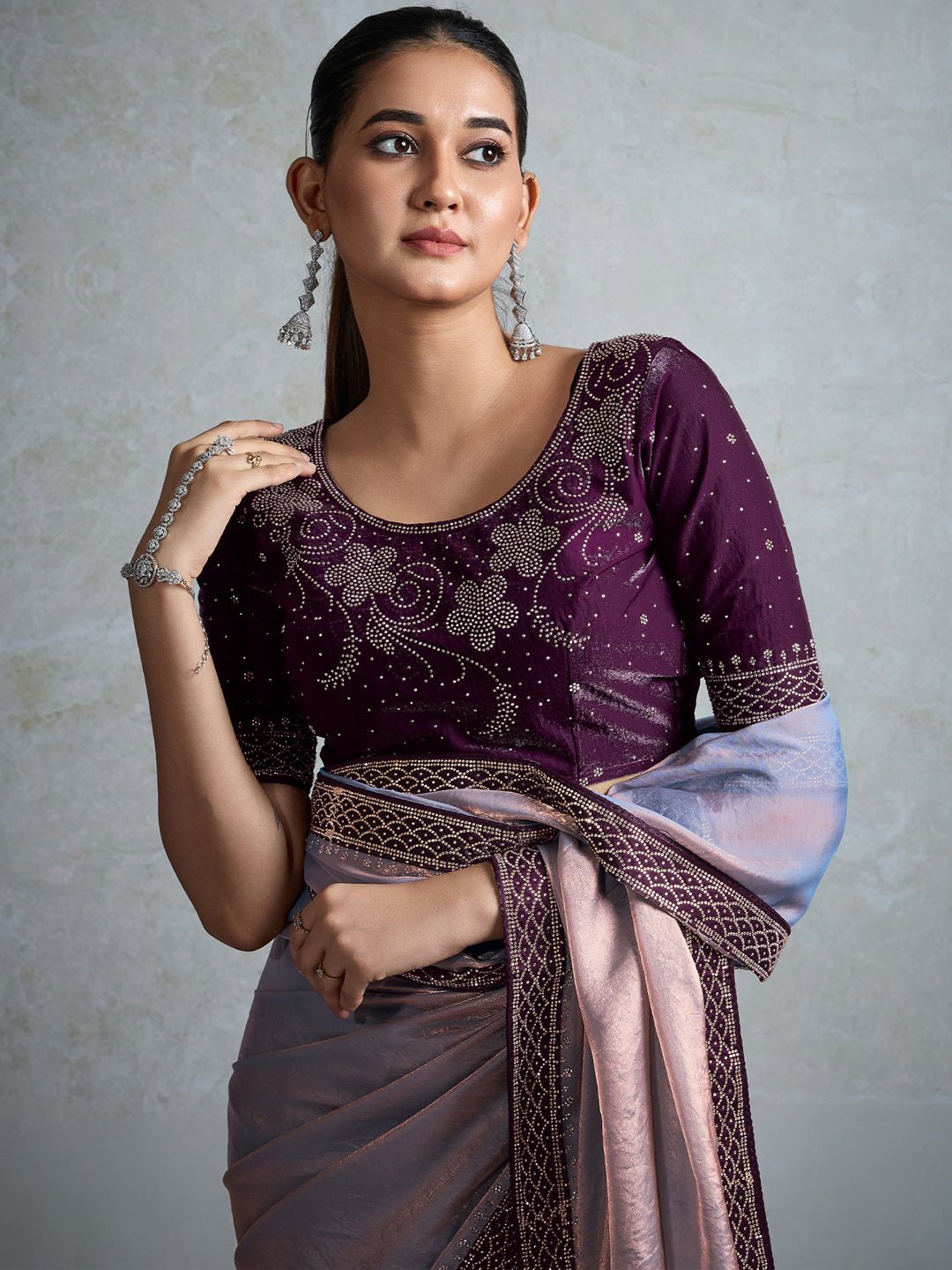Lilac & Lavender Shimmer Satin Organza Embroidered Border Wine Contrast Blouse Saree - Ressa