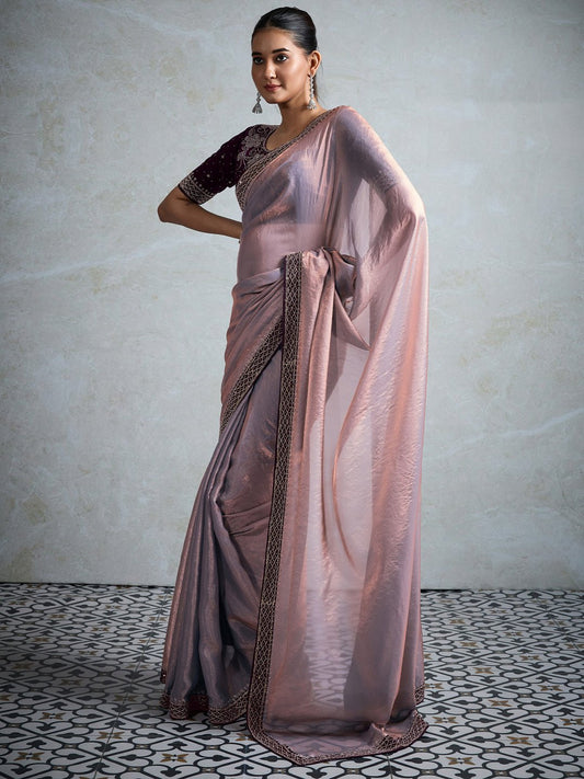 Lilac & Lavender Shimmer Satin Organza Embroidered Border Wine Contrast Blouse Saree - Ressa