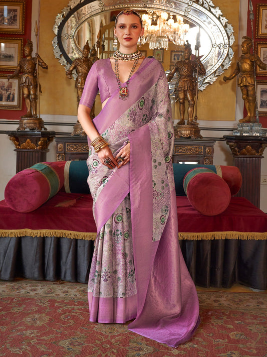 Lilac & Silver Silk Blend Floral Print Saree - Ressa