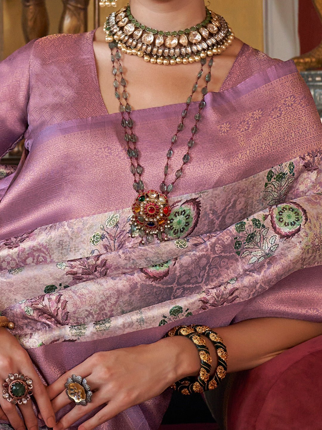 Lilac & Silver Silk Blend Floral Print Saree - Ressa