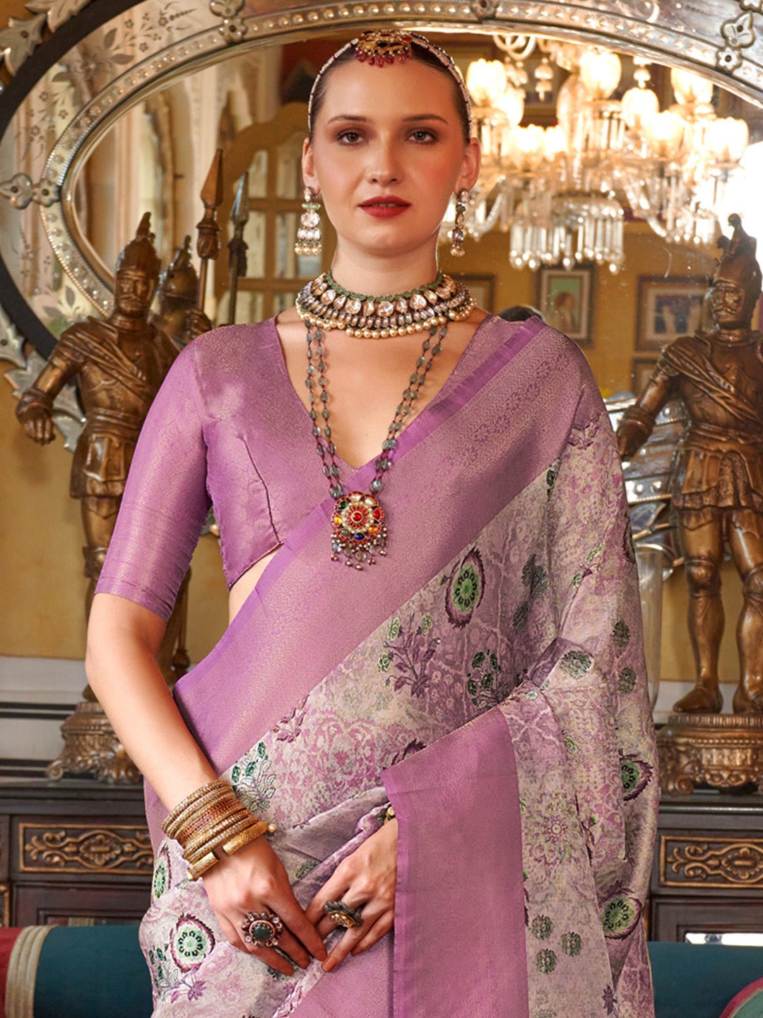 Lilac & Silver Silk Blend Floral Print Saree - Ressa