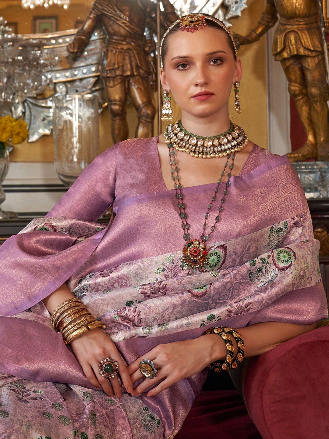 Lilac & Silver Silk Blend Floral Print Saree - Ressa