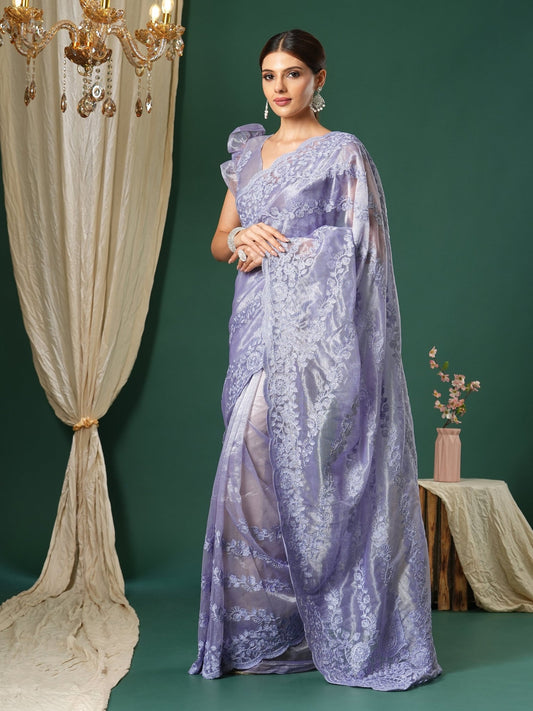 Lilac Supernet Embroidered Saree - Ressa