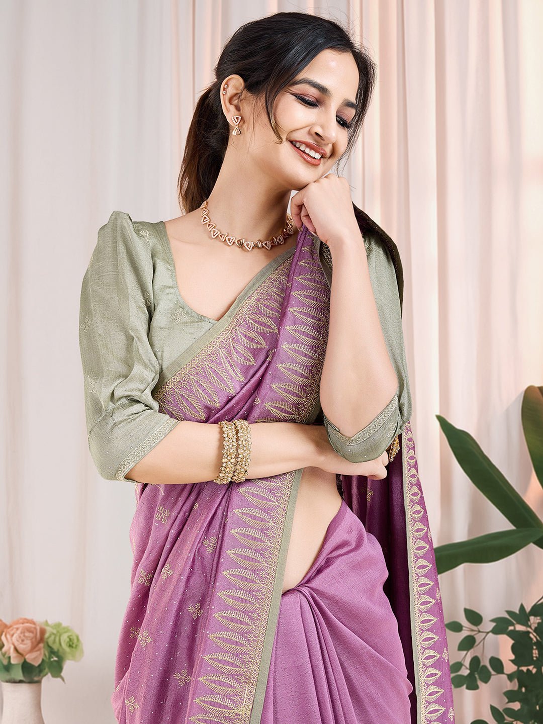 Lilac Vichitra Silk Swaroski Work Saree - Ressa
