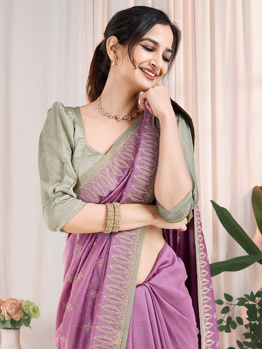 Lilac Vichitra Silk Swaroski Work Saree - Ressa