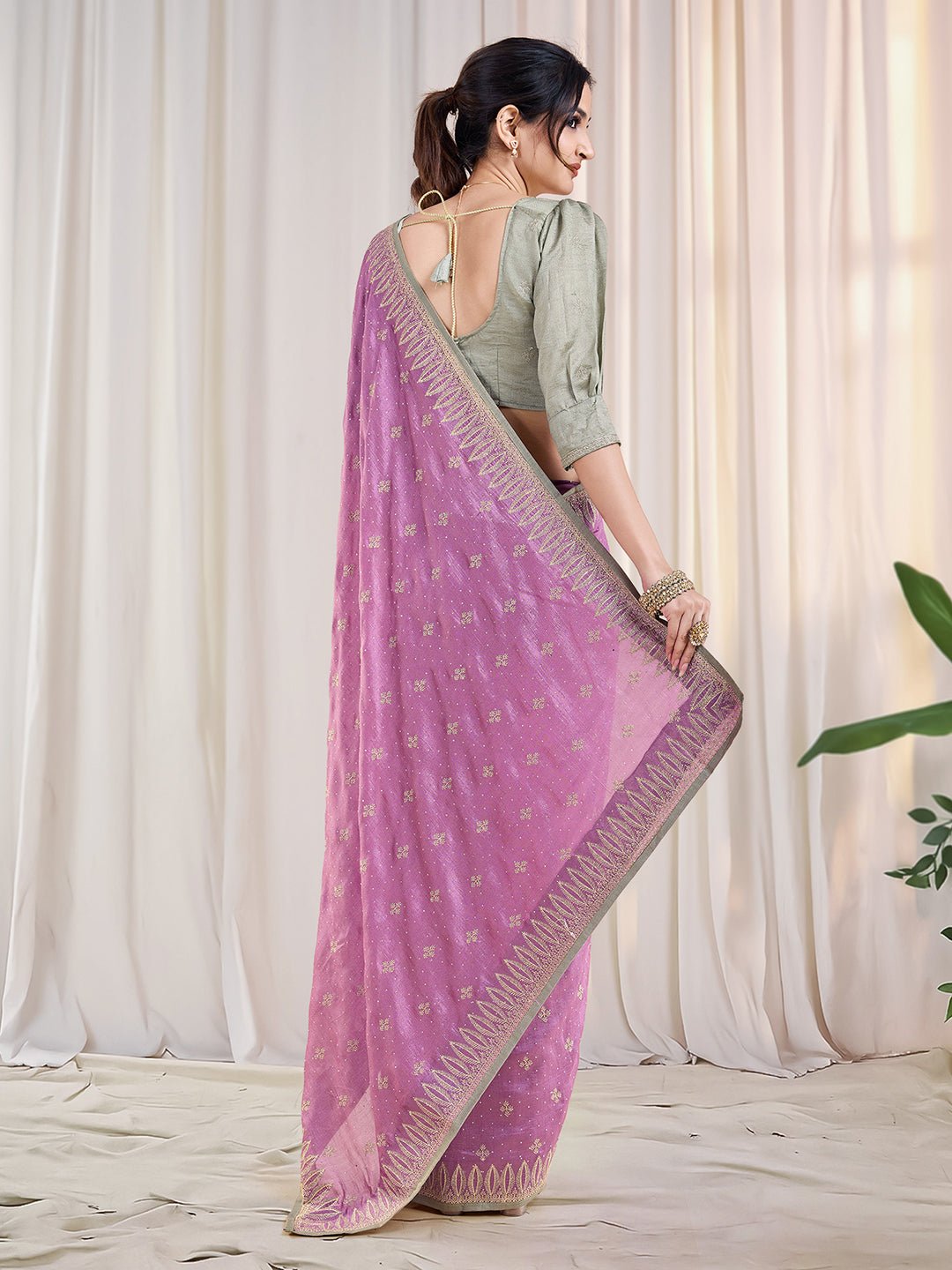 Lilac Vichitra Silk Swaroski Work Saree - Ressa