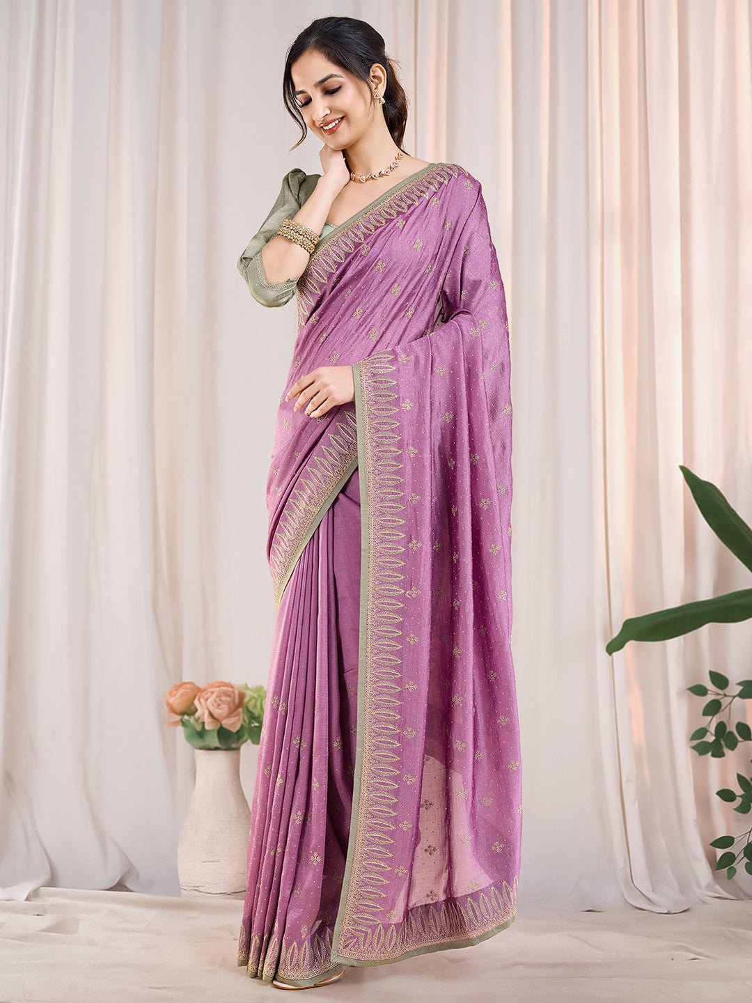 Lilac Vichitra Silk Swaroski Work Saree - Ressa