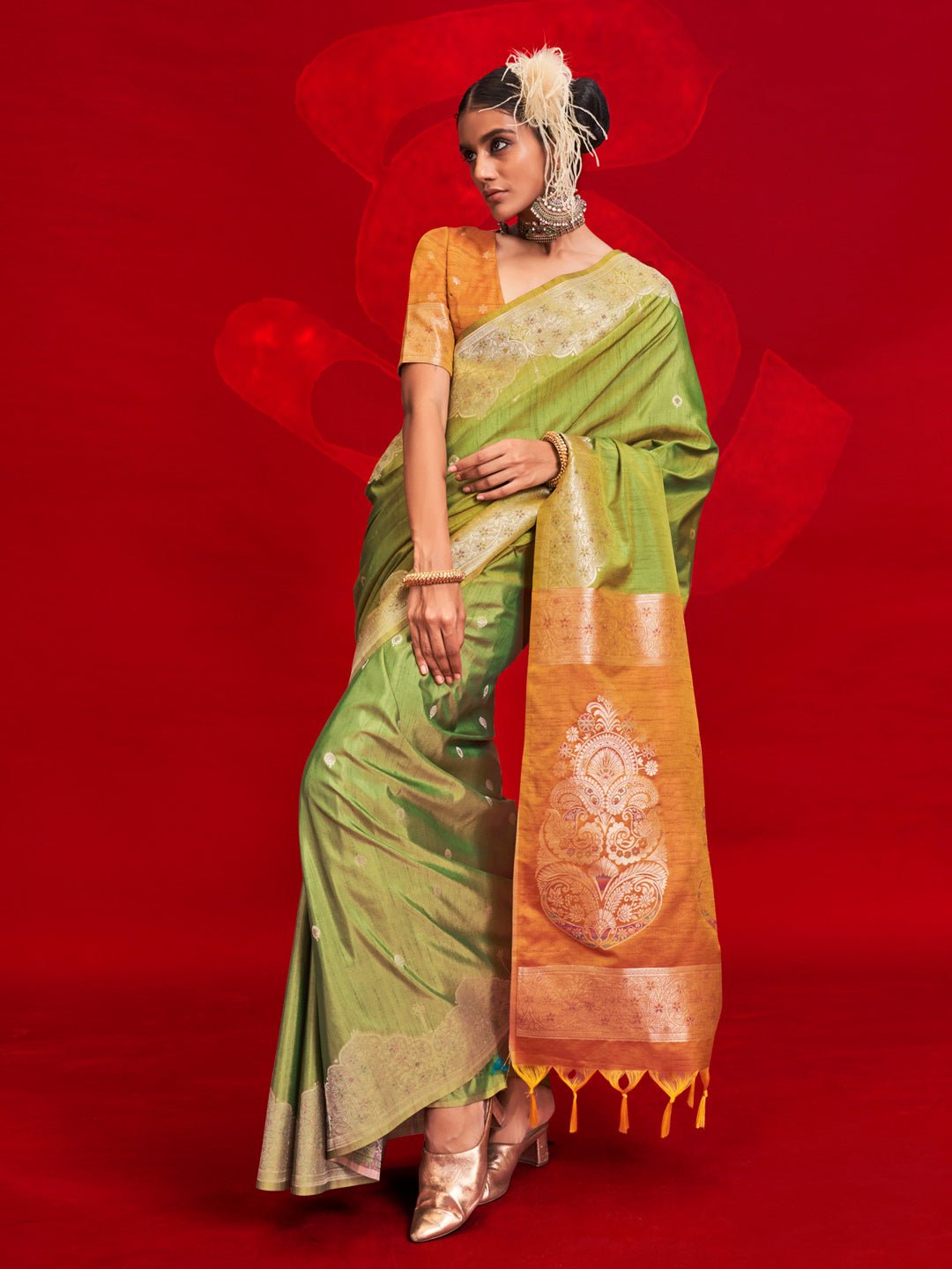 Lime Green Banarasi Weave Saree - Ressa