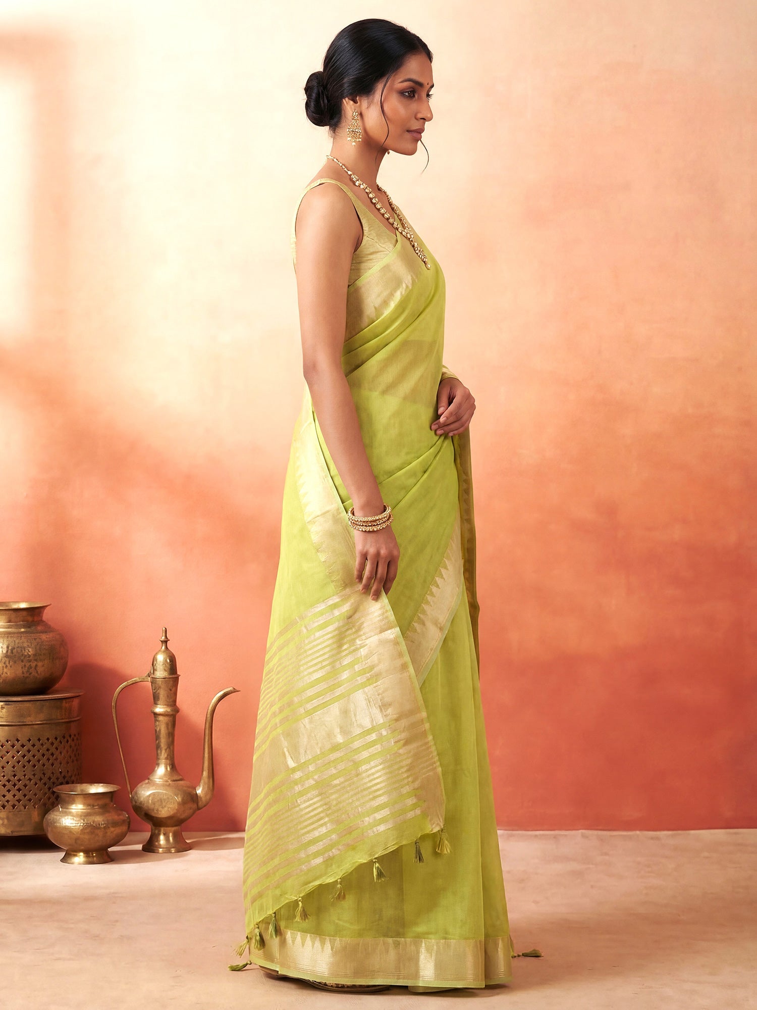 Lime Green Chanderi Silk Saree - Ressa