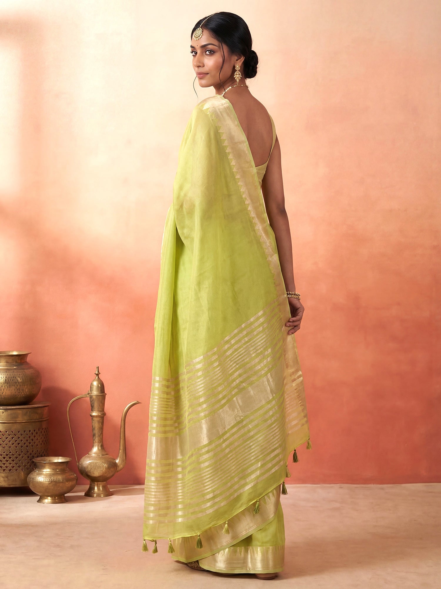 Lime Green Chanderi Silk Saree - Ressa