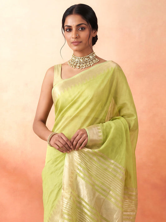 Lime Green Chanderi Silk Saree - Ressa