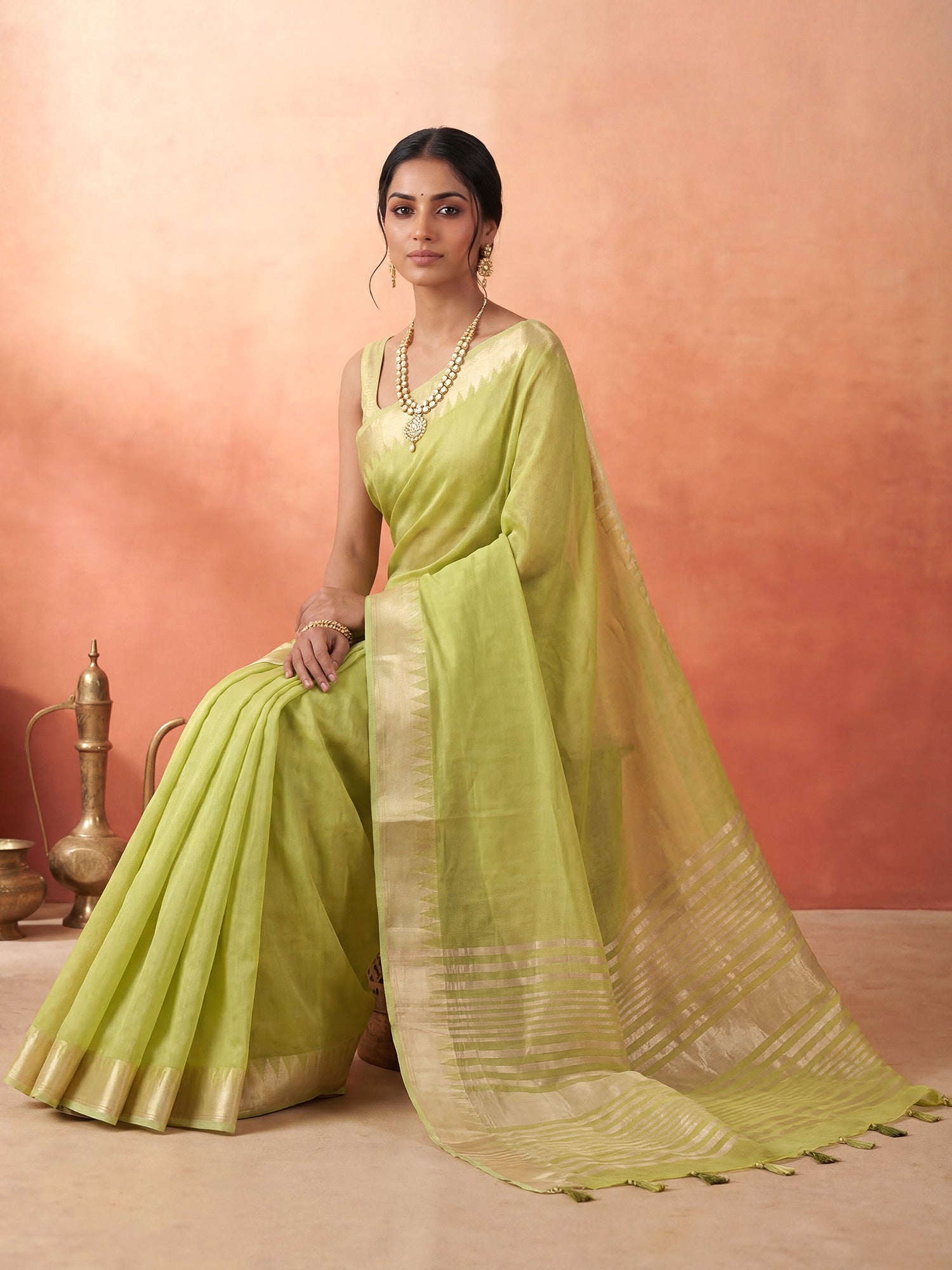 Lime Green Chanderi Silk Saree - Ressa