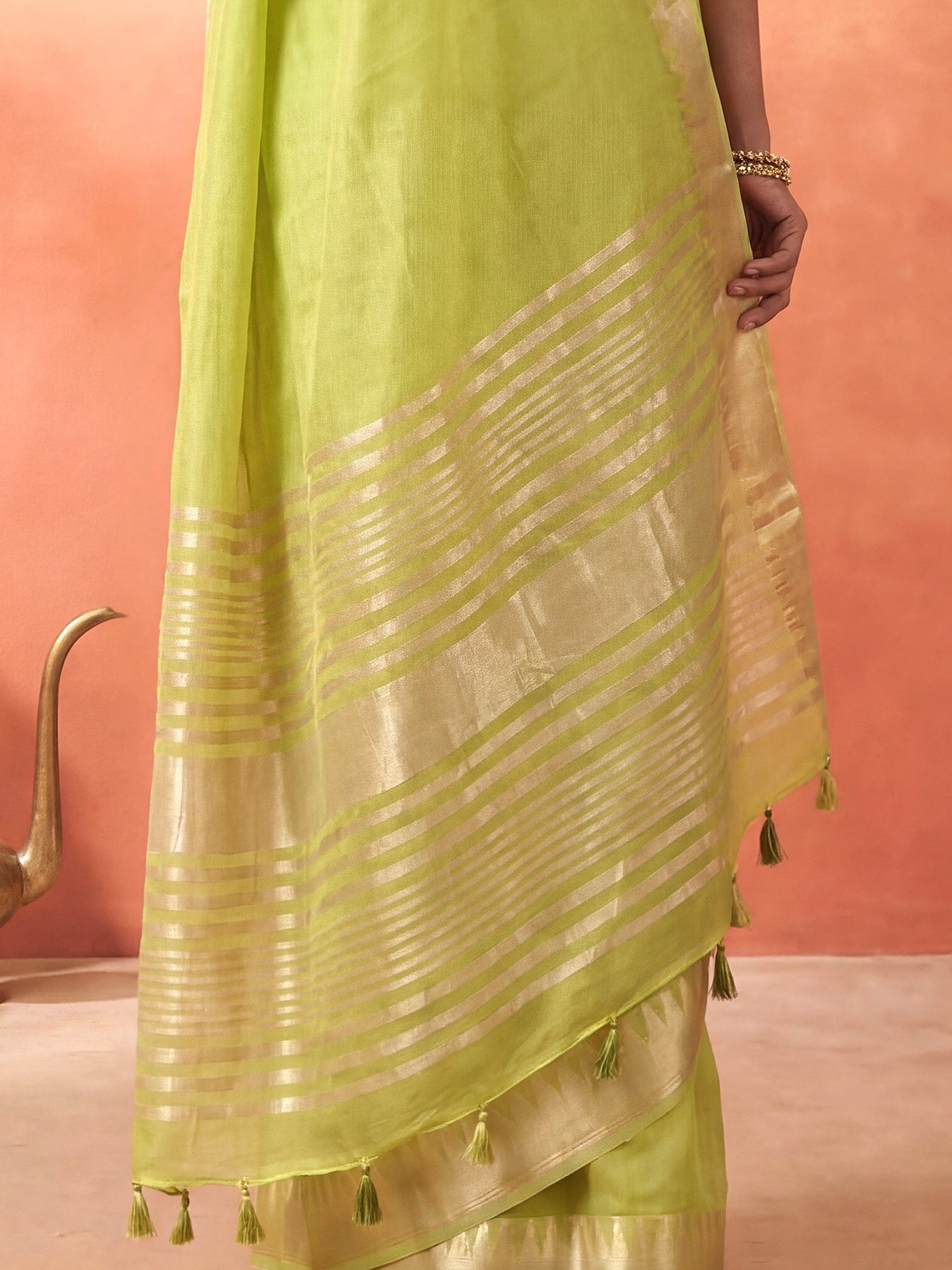 Lime Green Chanderi Silk Saree - Ressa