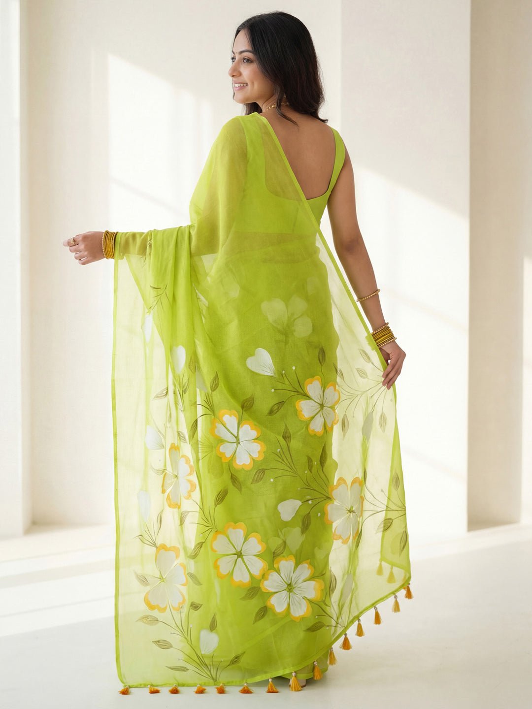 Lime Green Chinnon Hand Prinetd Saree - Ressa