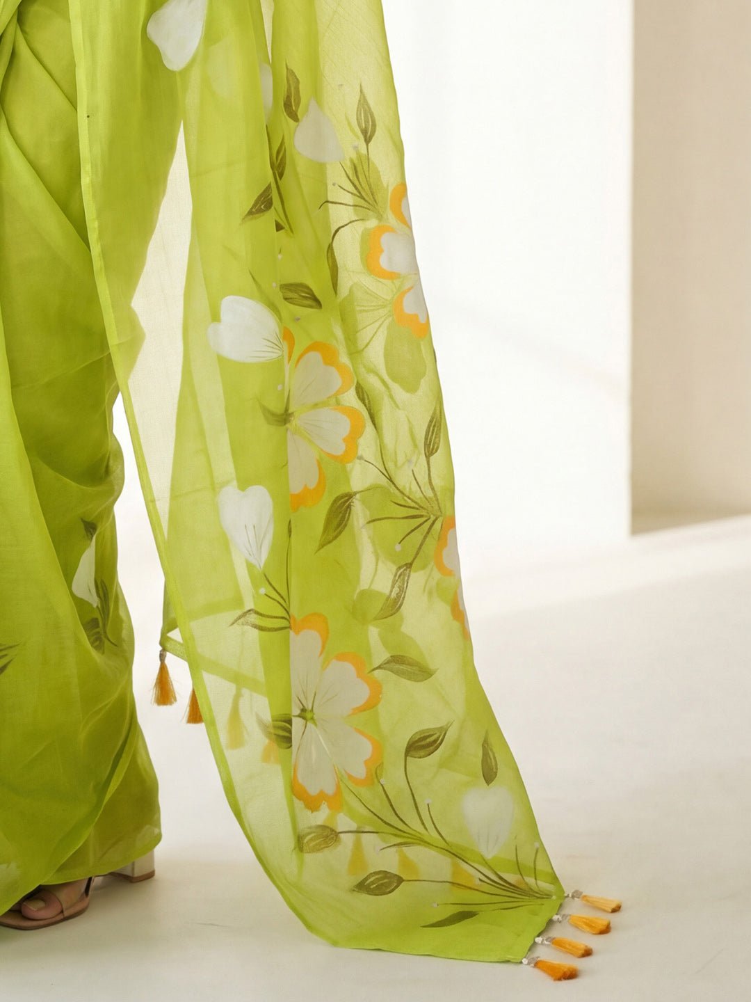 Lime Green Chinnon Hand Prinetd Saree - Ressa
