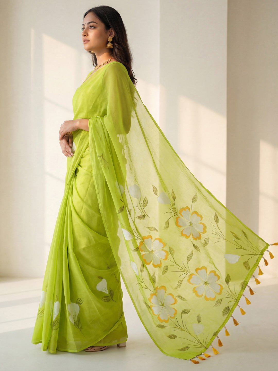 Lime Green Chinnon Hand Prinetd Saree - Ressa